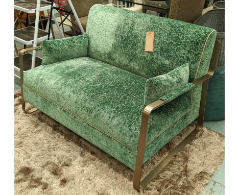 SOFA, contemporary design, polished metal frame, textured green fabric upholstered, 125cm x 80cm x 72cm. 