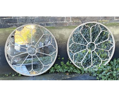 CIRCULAR ARCHITECTURAL GARDEN MIRRORS, pair, 80cm diam., applied glazing bars, aged white painted metal frames. (2) 