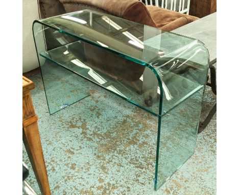 CONSOLE TABLE, 40cm D x 103cm W x 76cm H, curved glass, with a shelf. 