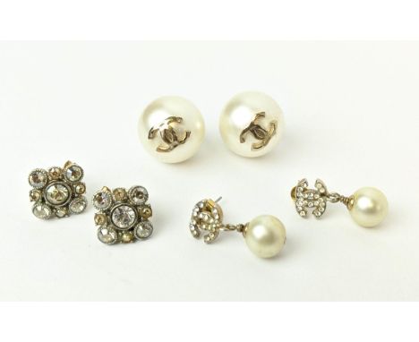 CHANEL EARRINGS, three pairs, comprising a pair of large faux pearl earrings bearing the overlaid logo design, 2cm diameter, 