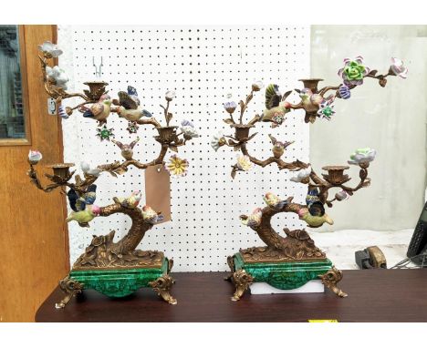CANDELABRA, a pair, 54cm H, floral and foliate design, each three branch, ceramic flower and bird detail. (2) 