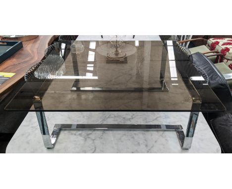 LOW TABLE, 90cm W x 90cm D x 32cm H, 1970s Italian style, smoked glass and chrome. 