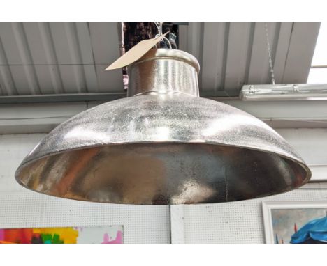 CEILING PENDANT LIGHT, industrial inspired, polished metal, 145cm drop. 