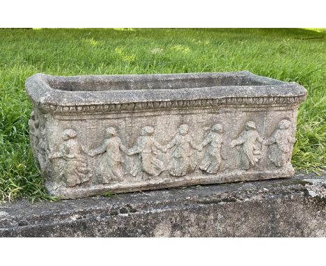 GARDEN PLANTER, rectangular well weathered reconstituted stone with 'dancing figures' decoration, 74cm x 34cm x 30cm H. 