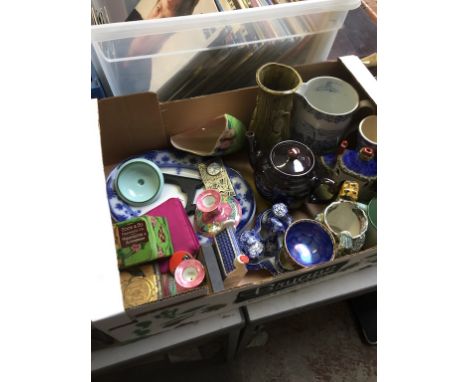 A BOX OF ORNAMENTS, VASES, TEAPOT AND MALING CANDLE STANDS  T3