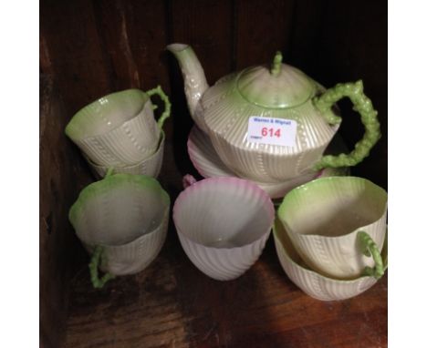 BELLEEK FIRST PERIOD TEA WARE CONDITION REPORT - teapot lid having repaired crack and chip, no further damage.  