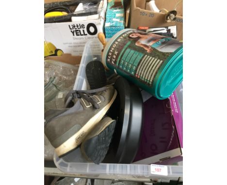 BOX OF MISC., SHOES, PLATFORM SCALES, SLENDERTONE FLEX MACHINE