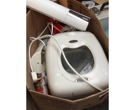 BOX OF HOUSEHOLD ITEMS; BREAD MAKER, TABLE LAMP & OTHER LIGHT FITTING