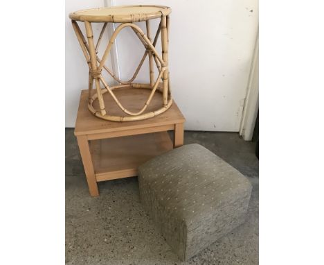 A small square modern light wood coffee/side table. Together with a cane circular occasional table and a modern fabric covere