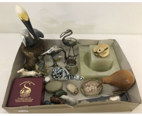 A box of assorted misc. items to include boxed enamelled trinket pot, a collection of bird ornaments and marble table lighter