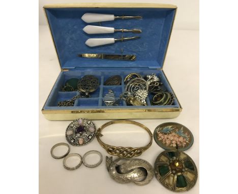 A small jewellery box containing a collection of vintage costume &amp; silver jewellery. Includes Miracle &amp; Mizpah brooch