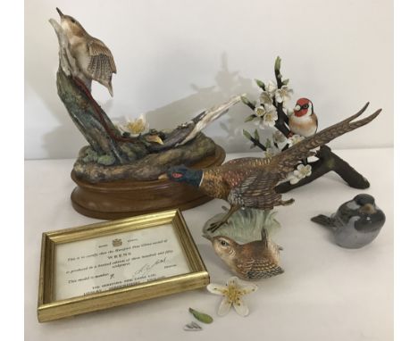 A collection of ceramic bird figurines. Comprising; Hereford Fine China Ltd Ed 9/350 Wrens (a/f), a Royal Copenhagen Sparrow 
