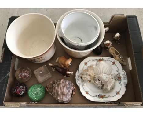 A box of miscellaneous items. Comprising: 5 ceramic dog figurines to include a Sylvac Pekingese, 4 glass paperweights, 4 larg