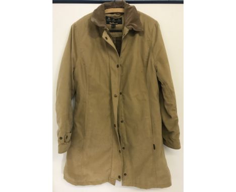 A vintage ladies Barbour 3/4 length coat. Size 16. Light tan soft touch waterproof material with classic check quilting linin