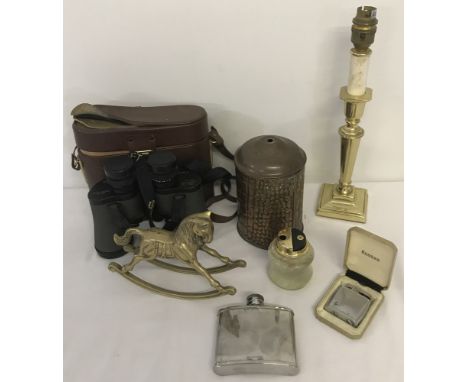 A box of assorted misc items, mostly metal ware. To include cased Swift binoculars, cased Ronson lighter and assorted brass a