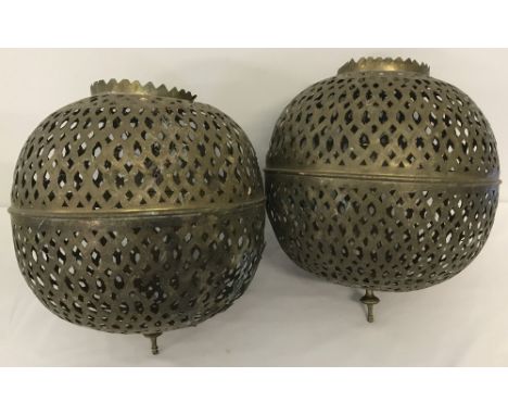2 large vintage brass pierced work eastern style hanging lamp shades.  