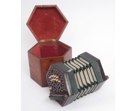 19th century English accordion, Louis Lachenal - London, patent Concertina Manufacturer, 25277, of hexagonal form with foliat