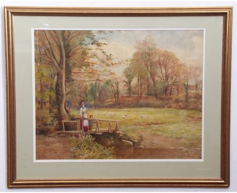 A F Perrin, RCA, signed watercolour, Mother and child on a stick bridge in country landscape, 45 x 58cm 