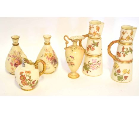 Collection of late 19th/early 20th century Royal Worcester blush ground wares with gilt and floral decoration including two e