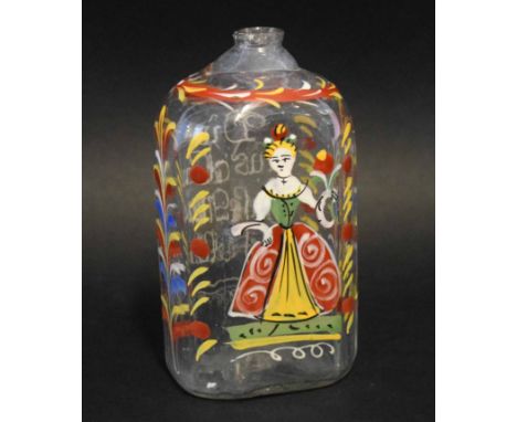 19th century German glass vase or caddy with painted decoration of a lady with inscription verso, 13cm high 