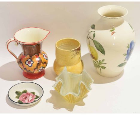 Small Wemyss pin tray with cabbage rose decoration together with an Art Glass vase and a Radford vase and a further Spode vas