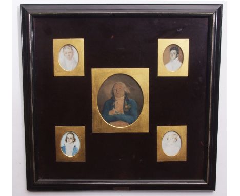 John Thirtle, five portrait miniatures in one frame, Members of the Norwich School etc, Provenance: Norwich Castle Museum exh