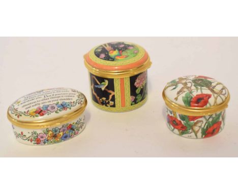 Collection of three Halcyon Days enamel boxes, one decorated with poppies and field mice, another with Chinese design and a t