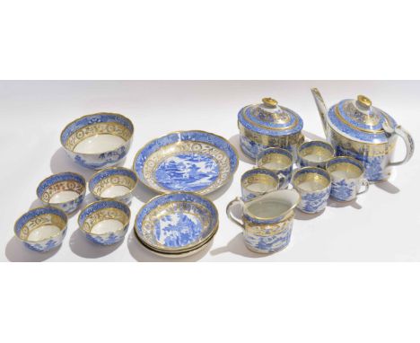 Late 18th century Miles Mason part tea set, comprising tea pot and cover, sucrier and cover, slop bowl, large dish, milk jug,