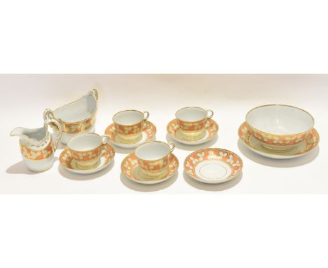 Late 18th century Worcester (Barr) part tea set comprising sucrier, slop bowl and stand, milk jug, four cups and saucers plus