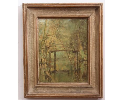 E M Scales, signed top right, oil on canvas, Stick bridge over woodland pool, 33 x 24cm