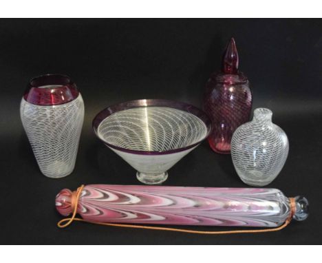 Group of latticino glass vases from The Twists Glass Studio, designed by Mike Hunter, together with a glass rolling pin, tall