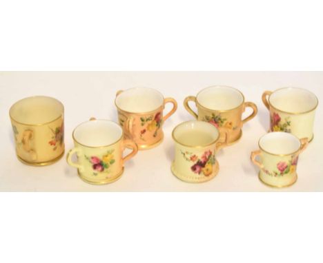Collection of Royal Worcester miniature tygs and mugs all decorated with flowers on a blush ground, tallest 4cm (7) 