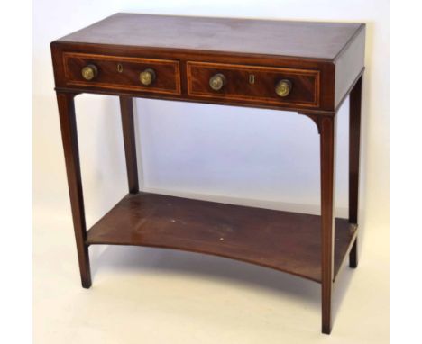 19th century and later mahogany side table with plain with moulded edge over two frieze drawers with an open shelf below on t