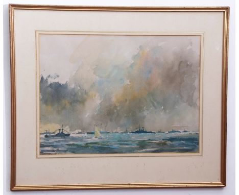 Attributed to Norman Wilkinson, watercolour and gouache, A Naval Fleet, 35 x 48cm 