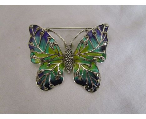 Silver enamel champlevé butterfly brooch