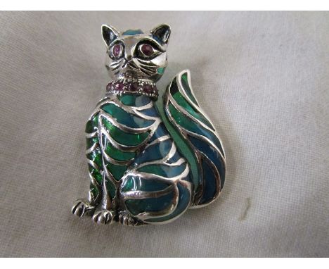 Silver champlevé enamel cat brooch