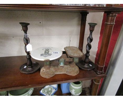 Pair of barley-twist candlesticks &amp; scales with interesting enamel platform
