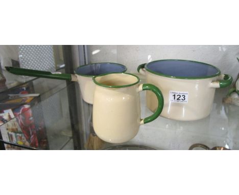 Green &amp; cream enamel saucepans and jug