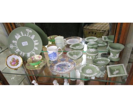 Shelf of china to include green Wedgewood Jasperware