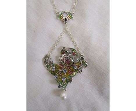 Silver &amp; champlevé enamel Art Nouveau style pendant on chain