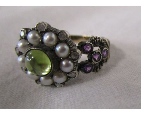 Seed pearl, peridot, amethyst &amp; diamond set antique style ring