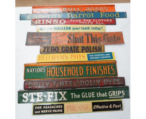 Eleven early / mid century tinplate advertising shelf strips, largest 60cm. Condition - poor to fair