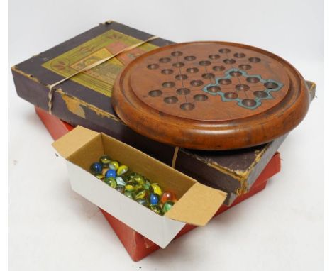 A collection of vintage games to include solitaire board, marbles, compendium, etc. Condition - fair, general wear commensura
