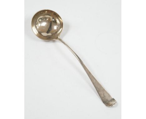 An 18th century silver soup ladle, marks rubbed, maker John Lampfert?, 31.5cm, 5.2oz. Condition - poor