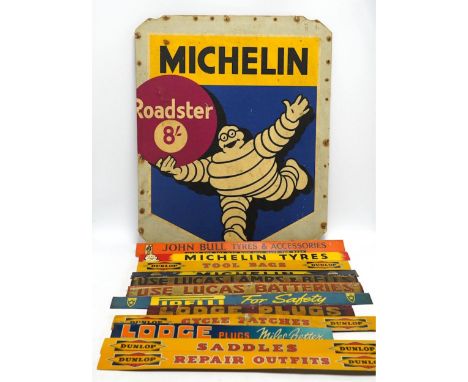 Motoring interest: twelve mid century tinplate advertising shelf strips, largest 48cm, together with a Michelin printed card 
