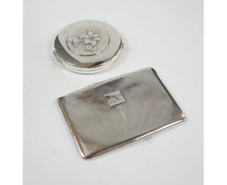A George VI engine turned silver cigarette case, 11.5cm, together with a Spanish white metal compact. Condition - poor to fai