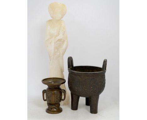 A Chinese alabaster carved model of an elder, a Chinese bronze tripod censer and a Japanese bronze vase, tallest 45cm. Condit