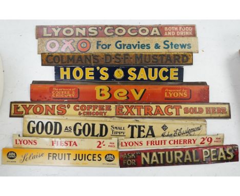 Eleven early / mid 20th century tinplate advertising shelf strips, largest 60cm. Condition - fair