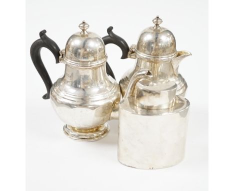 A George V silver bachelors pear shaped café au lait pair, by Theodore Rossi, London, 1930  and an earlier silver tea caddy, 