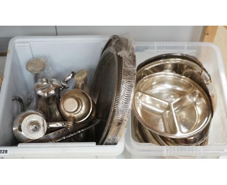 A quantity of silver plate to include vintage cocktail shaker with antler handle, trays, dishes etc. Condition - fair